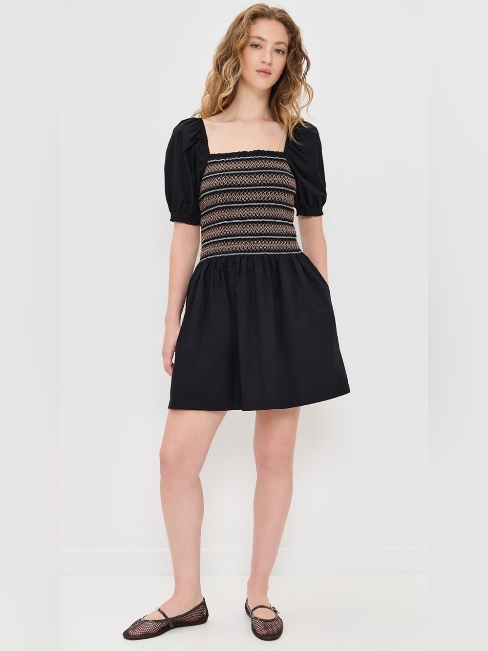 NWT Madewell Smocked Puff Sleeve Mini Dress black XXS Cottagecore